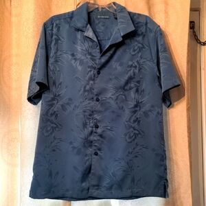 Men's Cubavera Blue Floral Stitched Short Sleeve Button Down Shirt, Size M